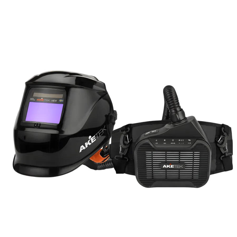 AKETEK® VIEW AIR welding helmet with belt-mounted AIR powered air-purifying respirator and air hose