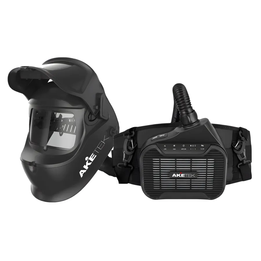 AKETEK® Lift-Up AIR welding helmet with belt-mounted AIR powered air-purifying respirator and air hose