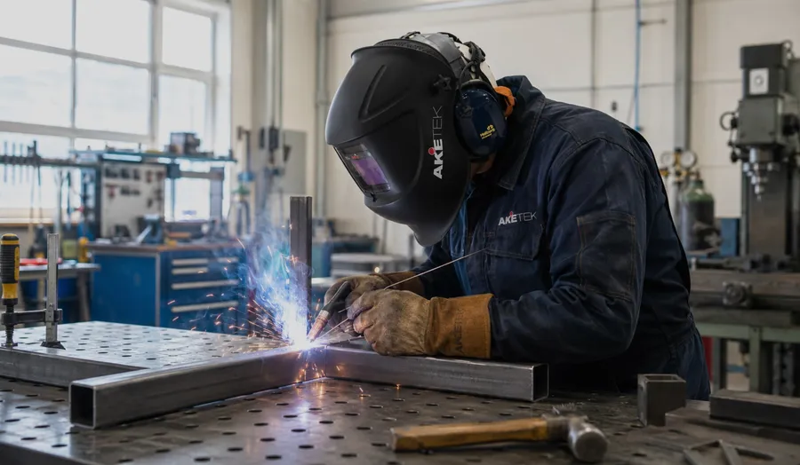 Welder wearing an AKETEK® AUDIO helmet over earmuffs, TIG welding steel tube on a workshop bench