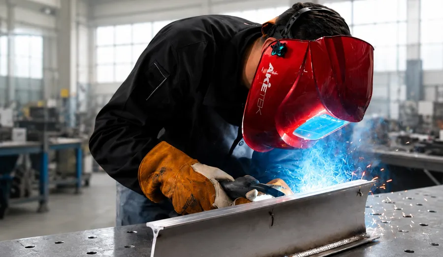 Welder in a metallic red AKETEK® VIEW helmet MIG welding a steel beam in a workshop